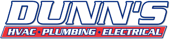 Dunn’s logo with bold blue outlined letters and red text listing HVAC, Plumbing, and Electrical services.