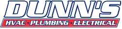 DUNN’S logo with the words HVAC, Plumbing, Electrical in red and white boxes below the main name, outlined in blue.