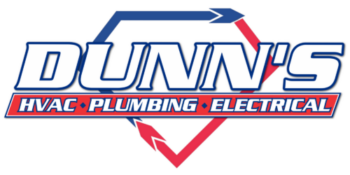 Logo for Dunn’s HVAC, Plumbing, and Electrical, featuring the company name in bold blue letters and red and blue arrows forming a partial hexagon around the text.