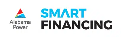 Alabama Power logo with the text "SMART FINANCING" in blue and black capital letters, highlighting convenient finance options.