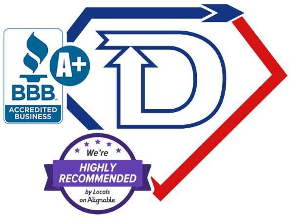 Blue and red shield logo with a large "D" and arrows, featuring BBB A+ Accredited Business and "Highly Recommended" badges.