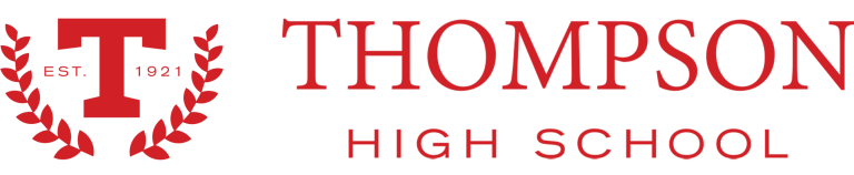 Red text logo reading "THOMPSON HIGH SCHOOL" with a large "T" and "EST. 1921" inside a laurel wreath on a light background.
