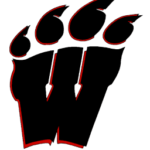A large black letter "W" outlined in red with four black claw marks above it, resembling a bear or animal paw print.