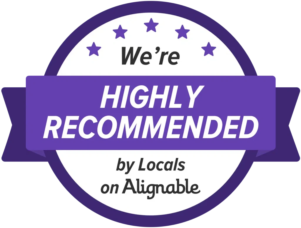 A circular purple badge reads "We're HIGHLY RECOMMENDED by Locals on Alignable" with five stars along the top edge, reflecting what locals appreciate most about us.