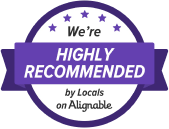 A circular badge with five stars reads "We're Highly Recommended by Locals on Alignable" in purple and white.