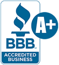 BBB Accredited Business logo with an A+ rating displayed in a blue and white color scheme.