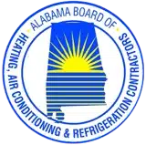 Circular logo for the Alabama Board of Heating, Air Conditioning & Refrigeration Contractors features a sun over a blue outline of Alabama, reflecting our mission and values. Learn more about us through this symbolic design.