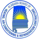 Seal of the Alabama Board of Heating, Air Conditioning & Refrigeration Contractors featuring a sun rising over a blue outline of the state of Alabama.