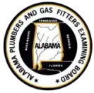 Logo of the Alabama Plumbers and Gas Fitters Examining Board featuring an outline of Alabama bordered by Mississippi, Tennessee, Georgia, and Florida.