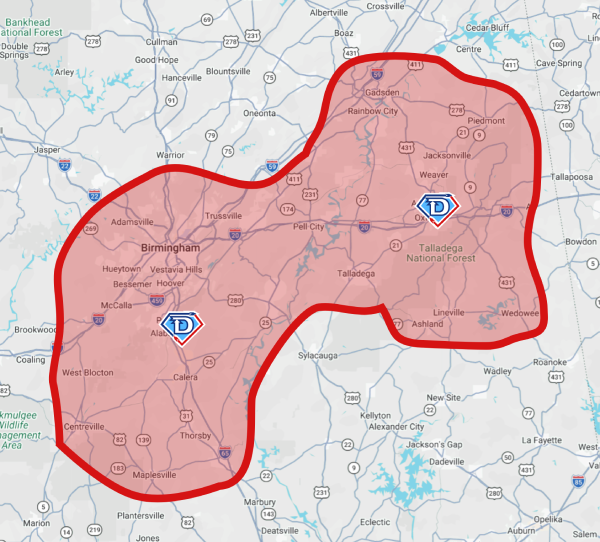 A map showing areas around Birmingham and Talladega, Alabama, highlighted in red with two marked points labeled “D” within the shaded region.