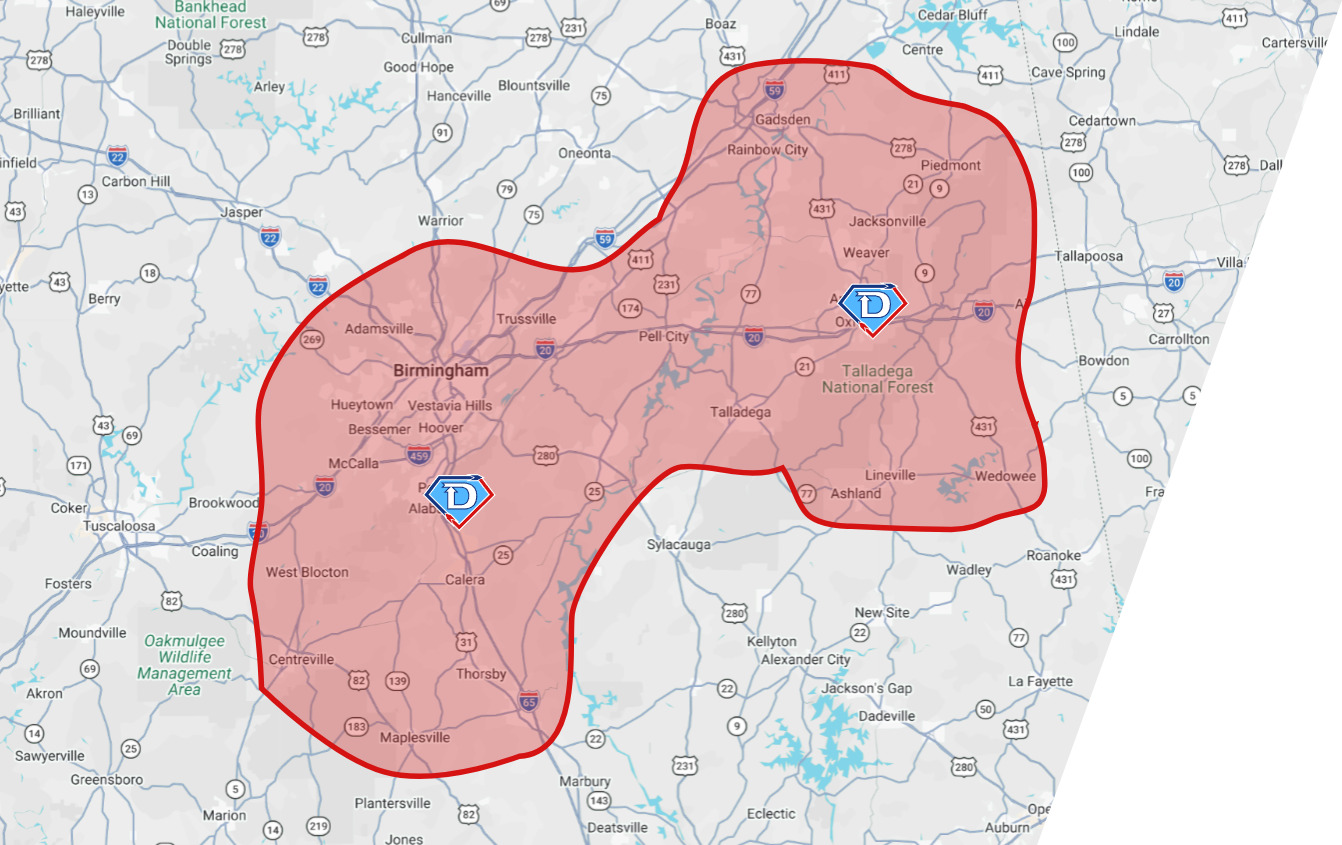 A map showing a shaded service area covering Birmingham and Talladega, Alabama, with two marked locations inside the highlighted region.