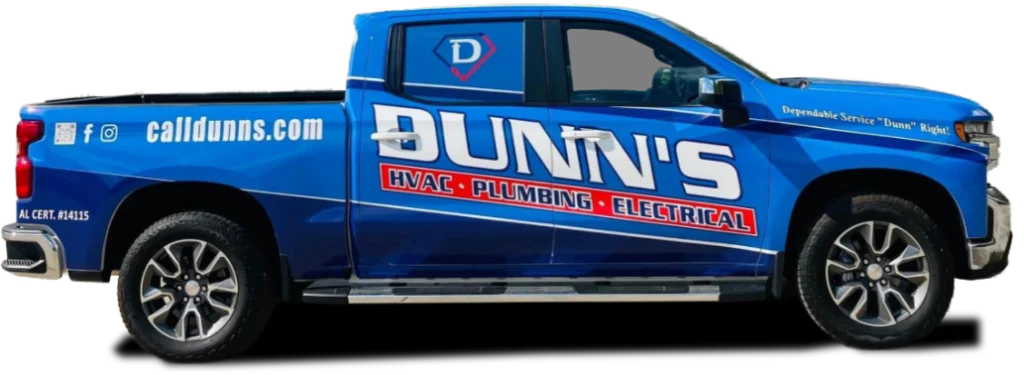 Blue Dunn’s service truck with company logo and text advertising HVAC, plumbing, and electrical services, along with contact info and social media handles on the side.