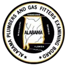 Seal of the Alabama Plumbers and Gas Fitters Examining Board featuring a map of Alabama with surrounding states labeled.
