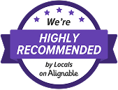 Purple and white badge with text: “We’re highly recommended by Locals on Alignable” and five stars above.