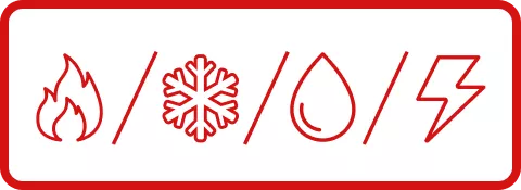 Icons in red outline of a flame, snowflake, water drop, and lightning bolt, each separated by a slash, on a white background with a red border.